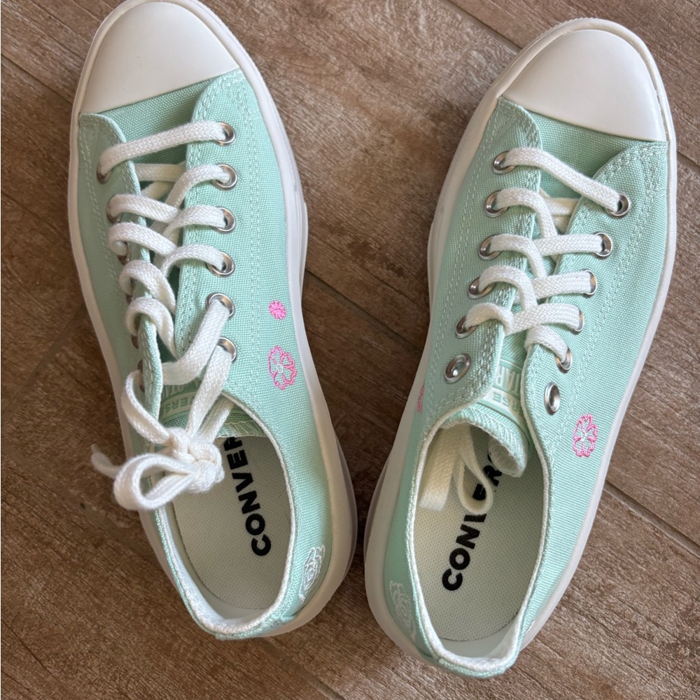 Converse Mint Green Canvas Sneakers with Floral Accents